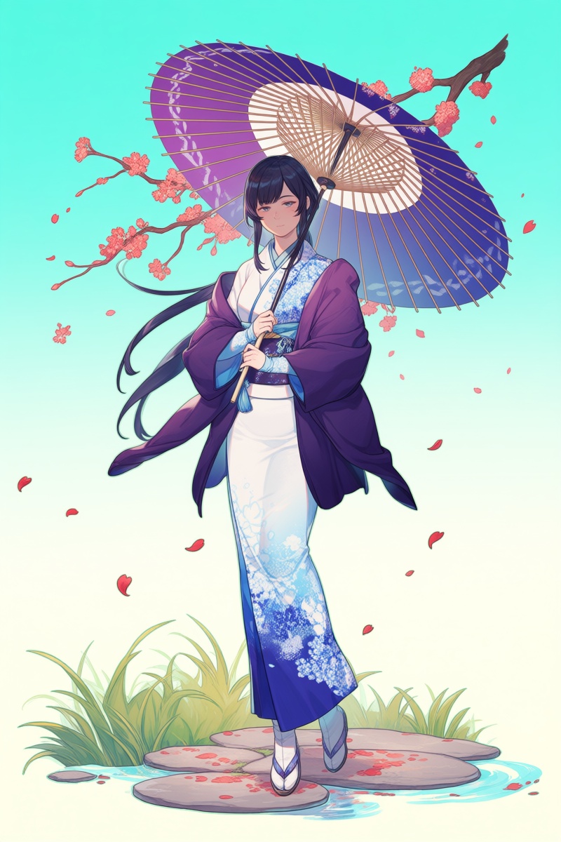 @tbst,  A woman with long black hair stands holding a large,  decorative purple umbrella with a lattice pattern. She wears...