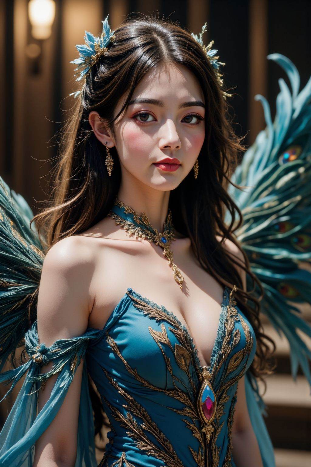 HDR photo of cinematic film still 1girl, solo, long hair, breasts, looking at viewer, brown hair, black hair, hair ornament, dress, cleavage, bare shoulders, jewelry, medium breasts, closed mouth, collarbone, upper body, flower, earrings, small breasts, detached sleeves, wings, choker, necklace, lips, eyelashes, strapless, makeup, blue dress, gem, strapless dress, stairs, realistic, peacock feather, . shallow depth of field, vignette, highly detailed, high budget, bokeh, cinemascope, moody, epic, gorgeous, film grain, grainy . High dynamic range, vivid, rich details, clear shadows and highlights, realistic, intense, enhanced contrast, highly detailed