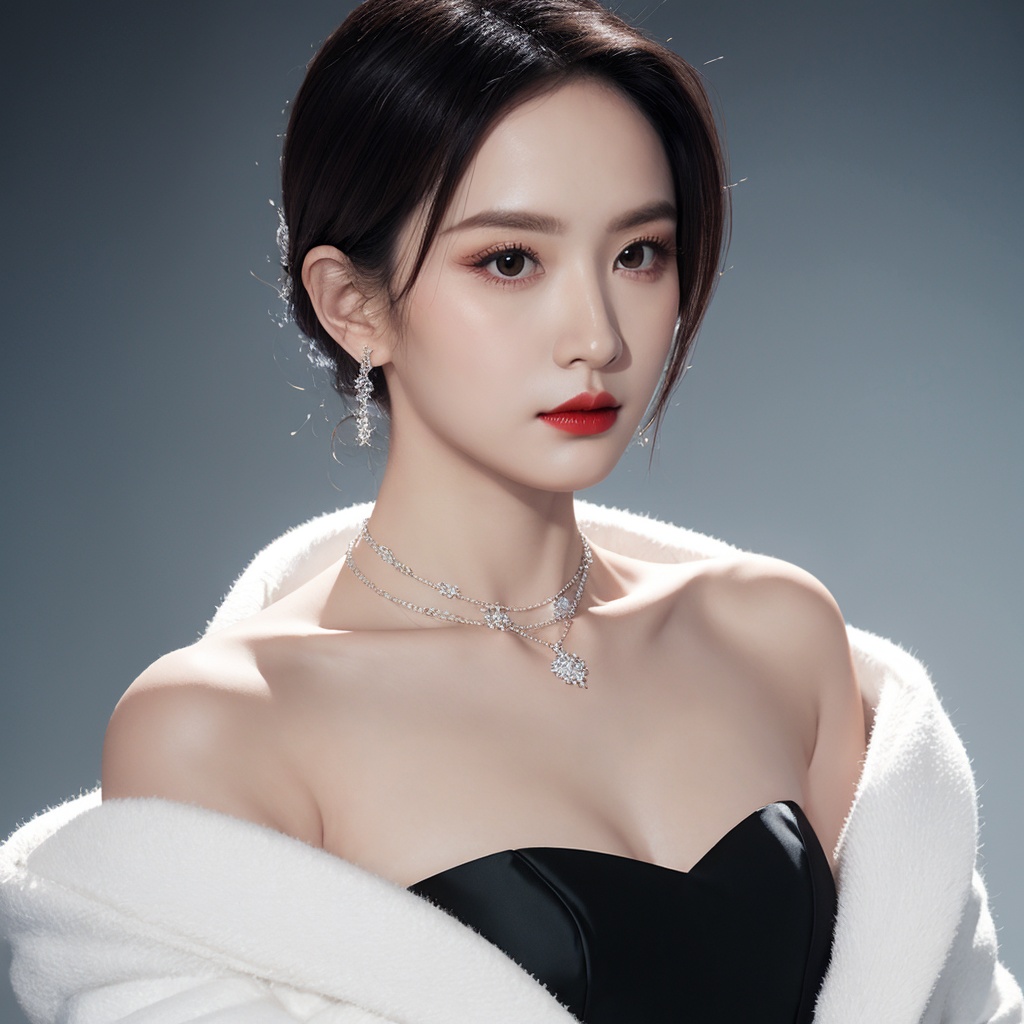 (looking at viewer),(upper body),a coldly elegant asian woman,sharp cheekbones,icy piercing gaze,jet-black silk slip dress,diamond choker necklace,dangling crystal earrings,white faux fur shawl draped over shoulders,flawless pale complexion,glossy dark hair swept back,soft monochrome gradient background,subtle cinematic lighting,high contrast,<lora:beauty:0.85>,