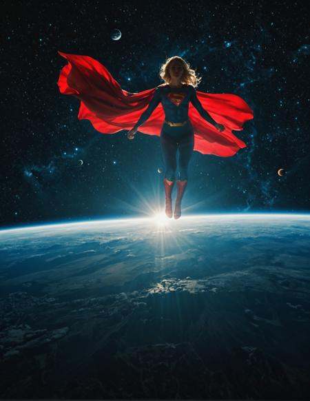 masterpiece,high quality,8k,(from side),photo,realistic,realistic skin,pores, 1girl, supergirl,dc_comics,cape,costume,blonde hair,flying in the sky,planets,universe,stars,flowing cape,cinematic,volumetric lighting,dramatic lighting,night,dimly lit,film grain