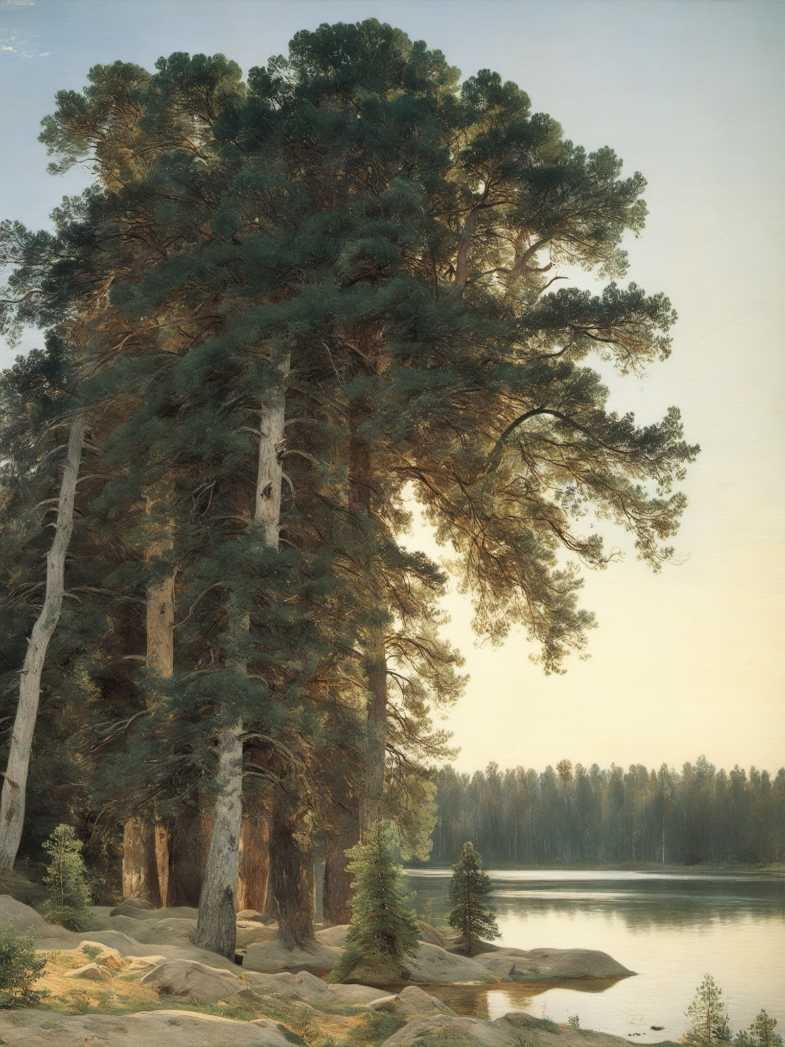 ivan Shishkin, nature, tree, rock, lake, cloud, scenery, sunlight,