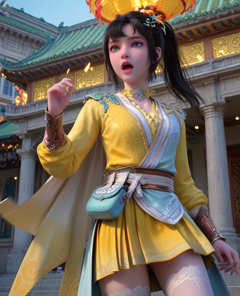 (oriental architecture, elegant decor, sophisticated style:1.1),(rushing out of burning city,screaming:1.1),(breasts:1.2),<lora:XL少年歌行司空千落:0.95>,miss sikongqianluo,azure tunic outerwea with yellower top underneath,gradient colored overskirt with yellow pleated skirt underneath,white print thighhighs,black hair,hair ornament,heterochromia,choker,bangs,cape,belt,lips,leather wristband,, score_9,score_8_up,score_7_up,score_6_up,score_5_up,score_4_up,3d rendering,tag1,tag2, Cinematic Lighting,backlighting,