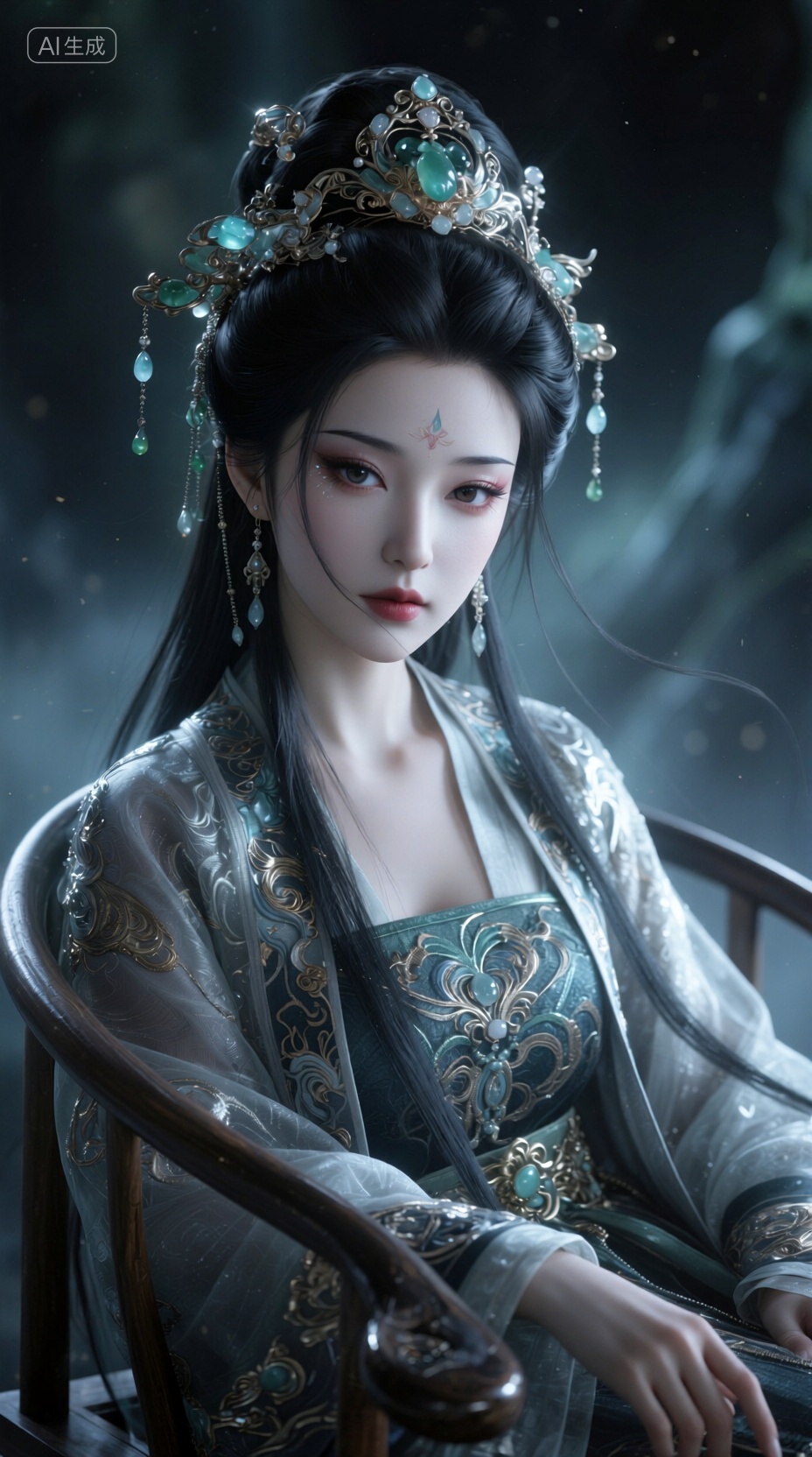 古风美女,容貌倾国倾城,头戴华丽玉石饰品,身穿华丽繁复衣服,sitting_on_chair,黑色头发丝,衣服,眼睛的光泽以及全身的皮肤纹理都清晰可辨,皮肤白皙通透,眉毛浓密,桃花眼,眼神深邃沉静,盯着镜头,脸部细节极其丰富,电影感,极致细节,丰富光线,超细腻线条,古风形象,大师级构图,神秘诡异氛围,dreamlike,人像摄影,光影动态,highres,自然光线,柔和色调,超清细节,中式奇幻摄影,诡异氛围,质感人像,做旧效果,底饱和,画面有辉光,耀光,雾感,融合中式惊悚与梦核元素(灵感源于山海经)奇幻感深,质感好,对焦模糊,胶片摄影,淡彩,调性,暗调微光,清冷,通透,氛围低光,高反差,对焦模糊,个性视角,双重曝光,抓拍概念,大场景,秀发自然飘垂显肌理发丝光,既视感,现场感,情境氛围感拉满,暗朦,overexposure,高噪点,强烈的胶片颗粒质感,奇妙写意,光的美学,概念艺术,lomo效果,高级感,杰作,, Negative prompt: ng_deepnegative_v1_75t,(badhandv4:1.2),EasyNegative,(worst quality:2),,nsfw, Steps: 40, Sampler: Euler, CFG scale: 1.0, Seed: 3280292737, Size: 928x1664, Model hash: 98763a1277, Model: Qwen-Image_1.0.safetensors, Denoising strength: 0, RNG: CPU, Lora 1: 【摸鱼】3D, Lora Hash 1: 2106c5bf96, Lora Weight 1: 0.8, Lora 2: 【摸鱼】3D电商渲染级KV海报_创意视觉表达, Lora Hash 2: ce1227b095, Lora Weight 2: 0.4, Lora 3: Qwen-Image-Lightning-8steps-V1.1-bf16.safetensors, Lora Hash 3: fe04c3ec1d, Lora Weight 3: 0.6, vae_name: automatic