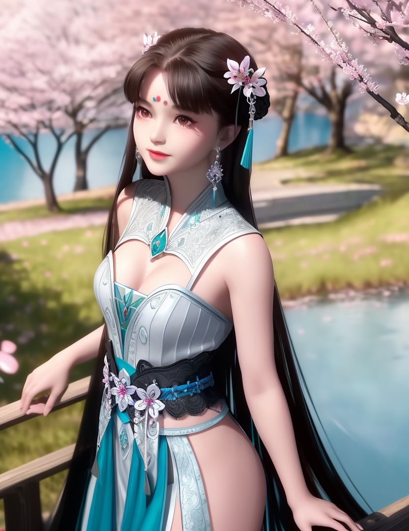 ultra realistic 8k cg, picture-perfect face, flawless, clean, masterpiece, professional artwork, famous artwork, cinematic lighting, cinematic bloom, perfect face, beautiful face, fantasy, dreamlike, unreal, science fiction,  beautiful clothes, lace, lace trim, lace-trimmed legwear,  (rich:1.4), prestige, luxury, jewelry, diamond, gold, pearl, gem, sapphire, ruby, emerald, intricate detail, delicate pattern, charming, alluring, seductive, erotic, enchanting, hair ornament, necklace, earrings, bracelet, armlet,halo((,1girl, ,))(((,teenage, cherry blossoms, 1girl, tree, spring_\(season\), solo, black_hair,chinese clothes,looking at viewer, upper body, ))) <lora:DA_LanLingEr:0.6>