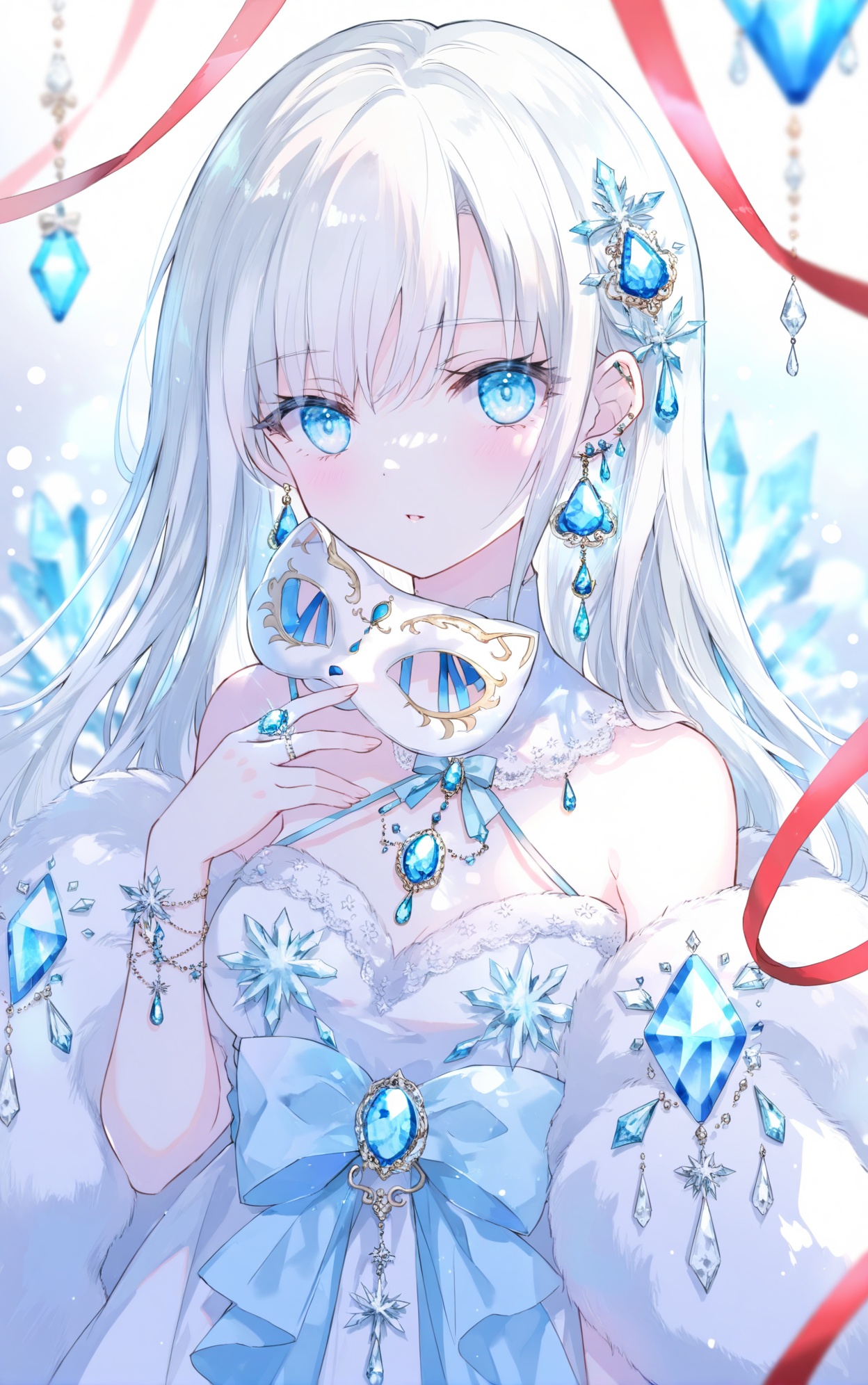transparent,trough,tender,christmas,lightshadow,1girl,solo,long hair,jewelry,white hair,hair ornament,earrings,gem,upper body,crystal,hand up,blue eyes,mask,fingernails,ribbon,blurry,