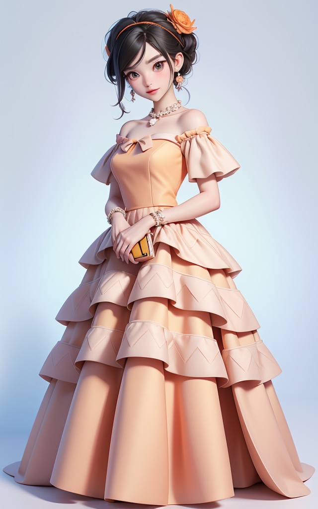 breathtaking Whimsical tiered ruffle dress with an off-the-shoulder neckline,design by Michael Kors (迈克尔·科尔斯),Fendi (Fendi),Standing with hands on the waist,orange,full body, . award-winning, professional, highly detailed
