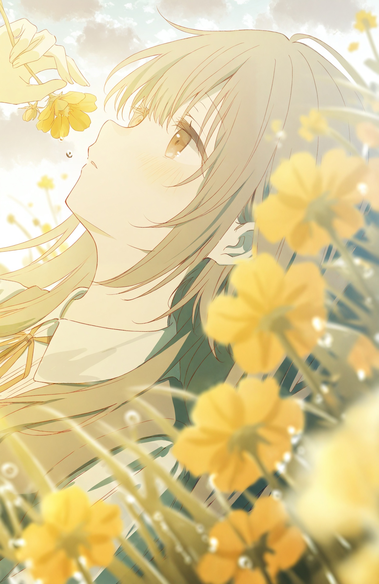 masterpiece,highres,absurdres,newest,best quality,loli,petite,high quality,chromatic_aberration,shiny_skin,//,1girl,flower,solo,holding_flower,holding,lying,long_hair,shirt,white_shirt,on_back,outdoors,collared_shirt,neck_ribbon,sky,ribbon,cloud,blush,yellow_flower,brown_hair,blurry,brown_eyes,blurry_foreground,parted_lips,sidelocks,grass,looking_up,cloudy_sky,from_side,water_drop,depth_of_field,on_grass,hand_up,school_uniform,portrait,orange_ribbon//,medium breasts,bouncing breasts,cleavage,bare shoulders,//,<lora:aestivation——【CKXL】hans:0.8>,