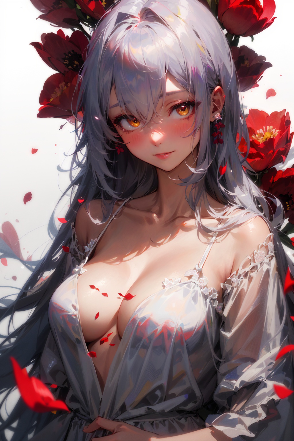 masterpiece,best quality,1girl,solo,looking at viewer,silver hair,yellow eyes,beautiful and detailed face,evil smile,upper body,collarbone,collarbone,large breasts,white long translucent night gown,expressionless,hair cover one eye,long hair,red hair flower,standing,blood,(plenty of red petals:1.35),white background,simple background,
