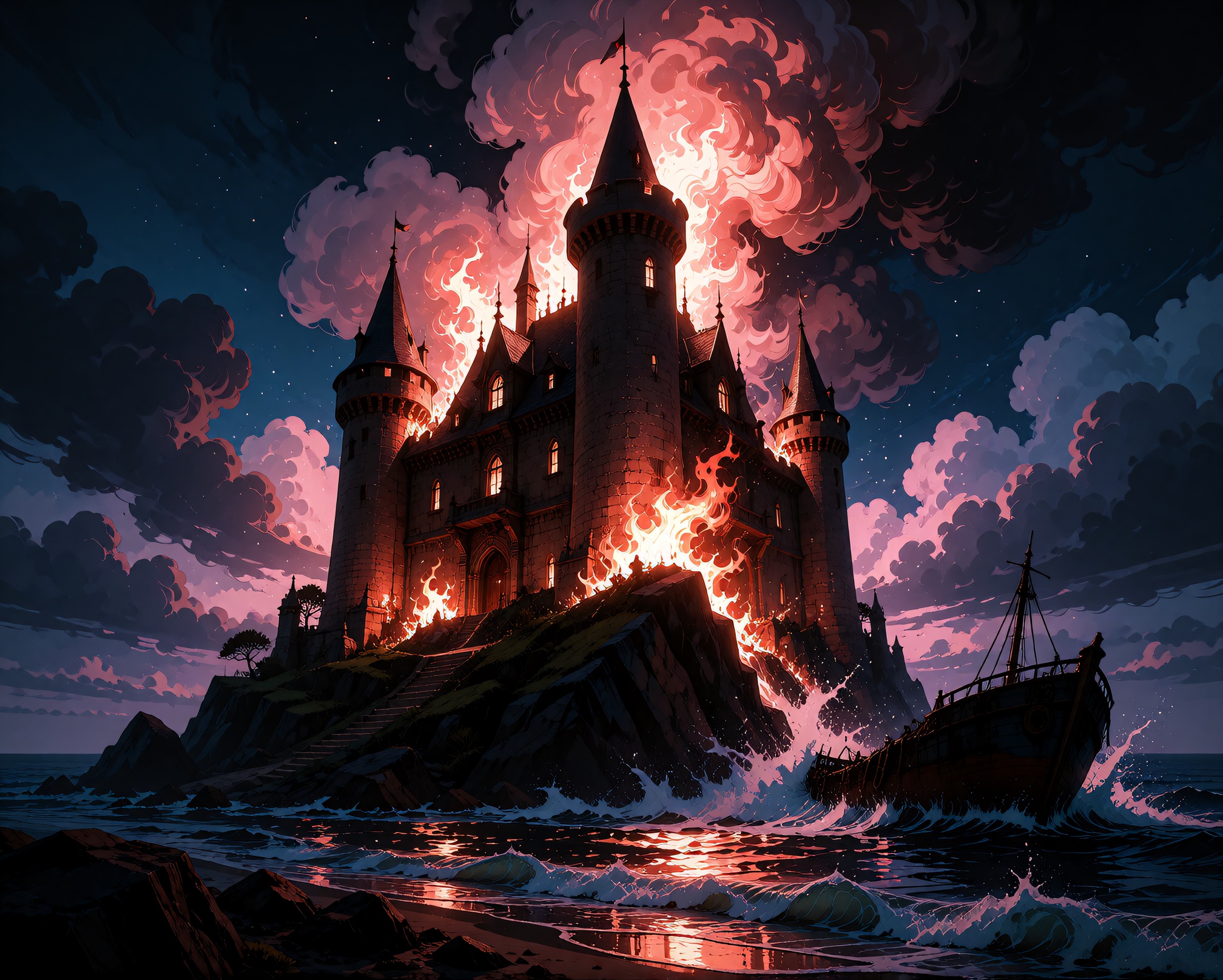 A stunning digital illustration from a low angle,  capturing a dramatic scene of a burning castle on a rocky island in the...