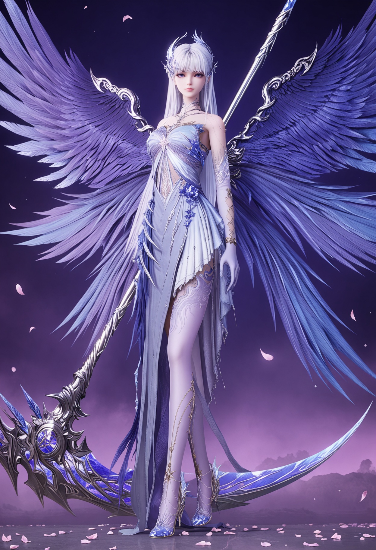 (standing full_body:1.1),looking at viewer:1.1,masterpiece,(best quality),smog,Dark room,dim lighting,peach blossom,falling petals,<lora:YQ_Illustrious光辉v5_圣采儿_服装7_带翅膀和武器_V1:0.8:lbw=1,1,1,1,1,1,1,1,1,0.8,0.8,0.1>,q1528437228,1girl,solo,wings,long hair,dress,white hair,weapon,multiple wings,white dress,hair ornament,holding weapon,feathered wings,gloves,high heels,elbow gloves,jewelry,purple eyes,purple wings,blue dress,blue eyes,holding scythe,blunt bangs,polearm,white gloves,blue wings,thighhighs,bracelet,earrings,feathers,holding polearm,