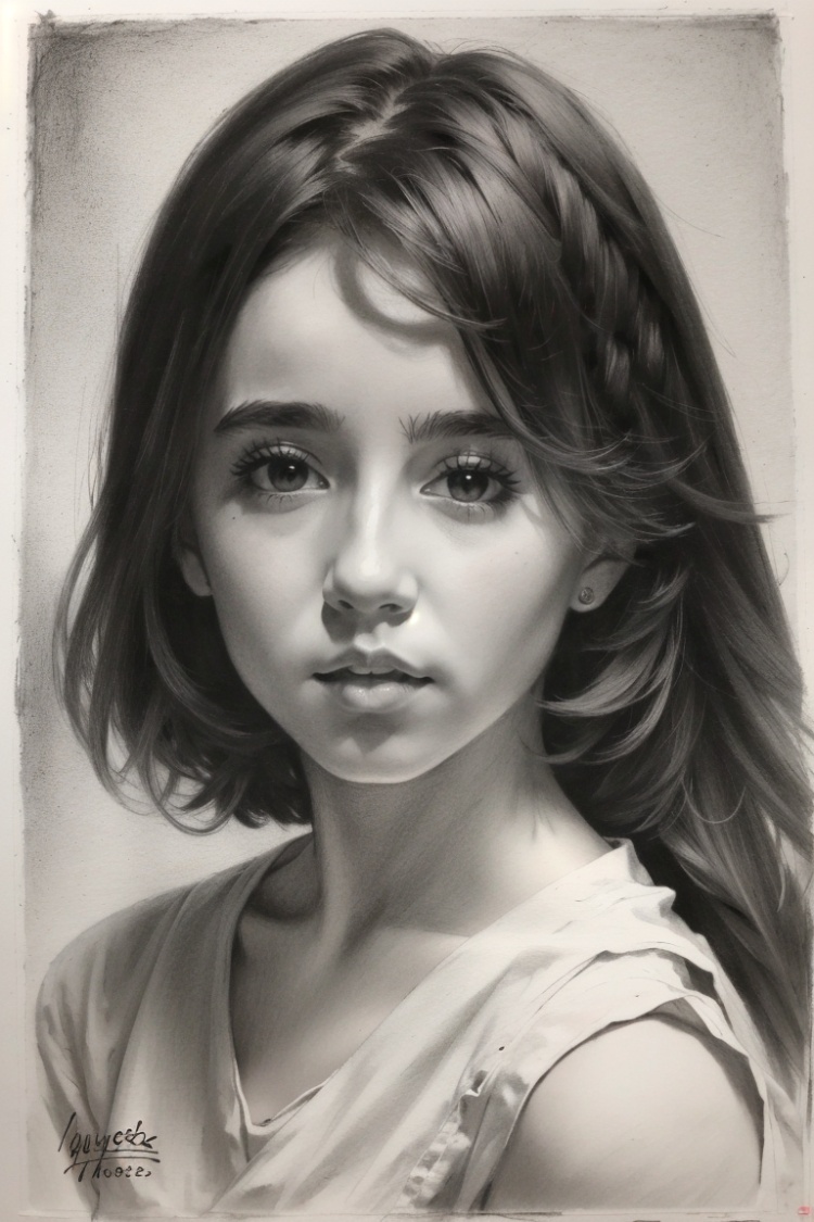 ((HRD, HUD, 8K)),((masterpiece, best quality)), highly detailed, photo_\(medium\),1girl, Sketch,monochrome, greyscale, traditional media, signature, graphite (medium), simple background, upper body,  <lora:20240218-1708224875184:0.9>