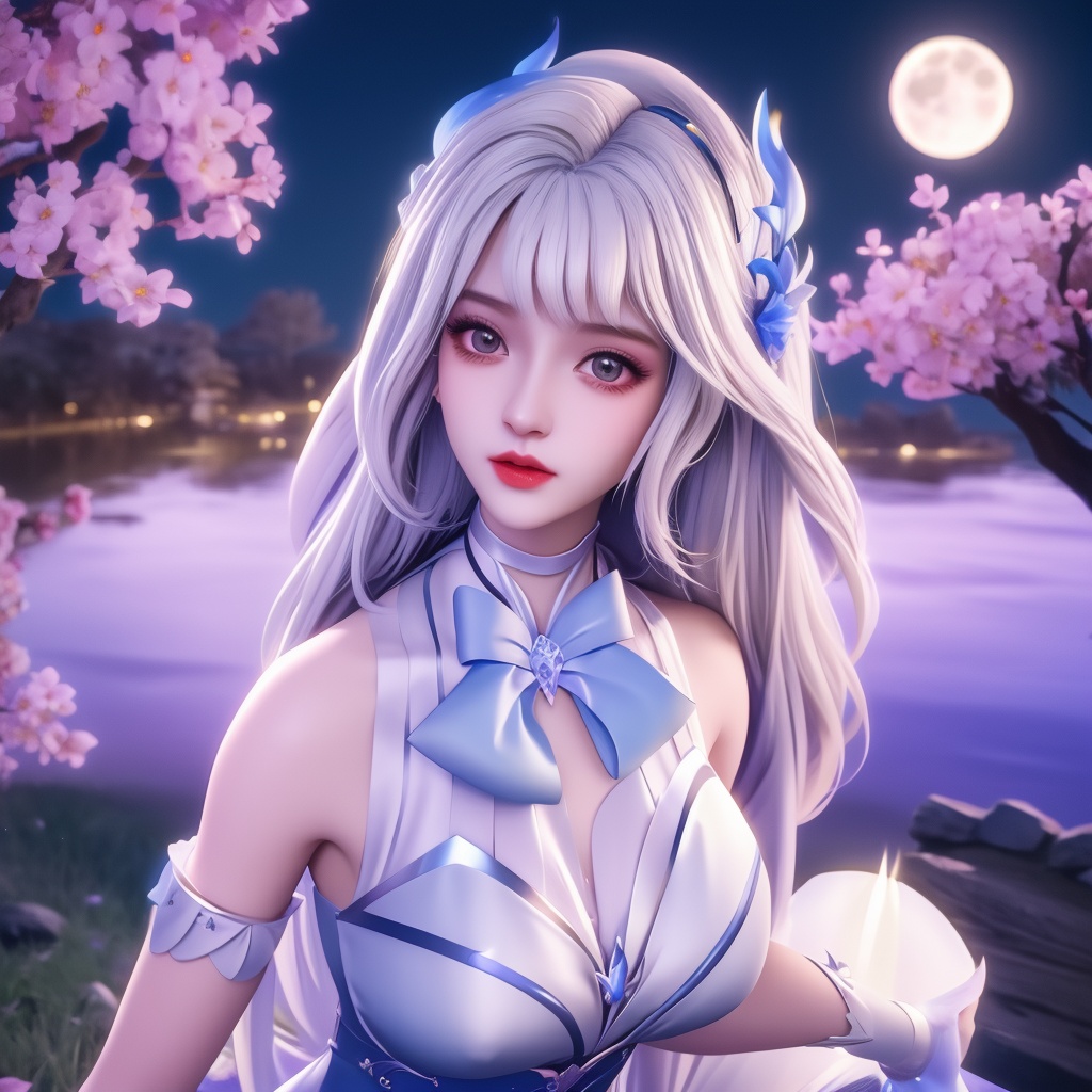 <lora:神印王座-小甜椒:0.8> (,1girl, ,best quality, ),looking at viewer,  ,ultra detailed background,ultra detailed background,ultra realistic 8k cg,, ,masterpiece, (( , )),, ,   ,   cure blossom, full moon,night,night sky,  (cleavage), (), ,,
