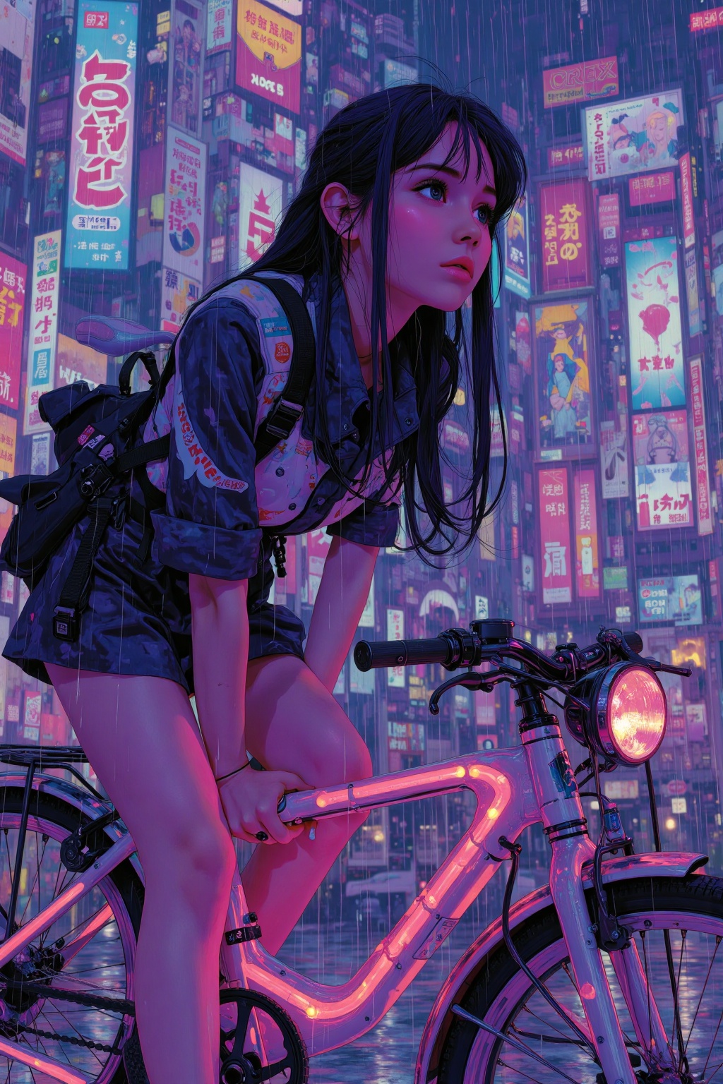 beijihui,Cyberpunk girl leaning on a neon-lit bike,rainy city backdrop,character close-up,melancholic mood,