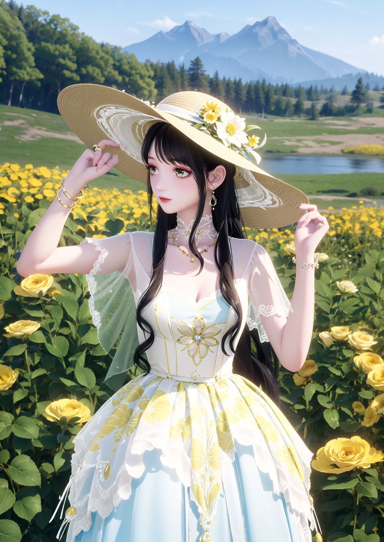masterpiece,best quality,1girl,Nikki,solo,long hair,black hair,field,flower,hair ornament,outdoors,white skirt,skirt,yellow flower,jewelry,hat,bracelet,dress,