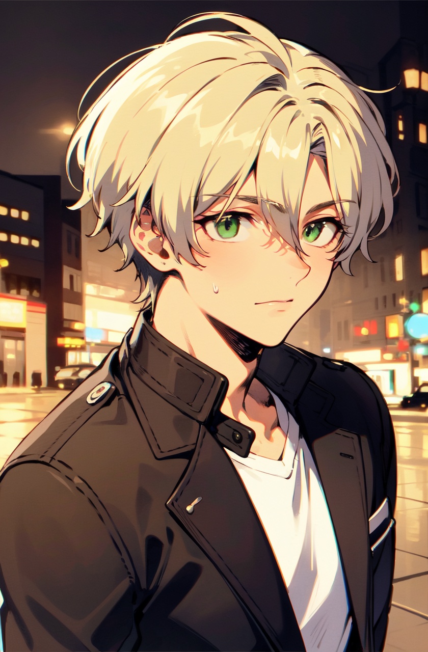 ultra highres,masterpiece,best quality,short hair,green eyes,white hair,bokeh,depth of field,open jacket,cityscape,night,1boy,spiked hair,1990s \(style\),retro artstyle,