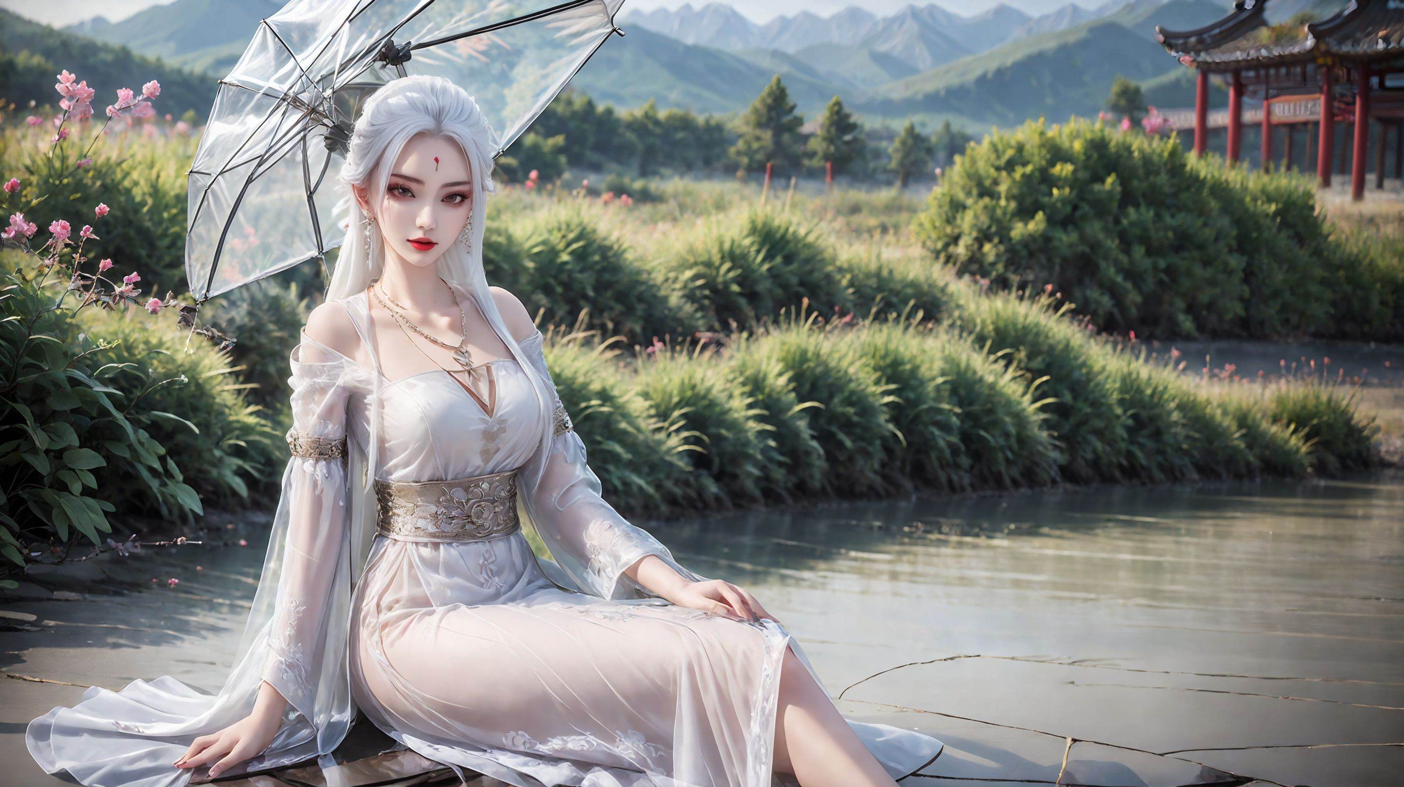 1girl,umbrella,solo,dress,white dress,holding umbrella,jewelry,long hair,holding,outdoors,chinese clothes,mountain,earrings,necklace,long sleeves,white hair,<lora:girl miaojiangxiaobai_20240912173536:0.7>,