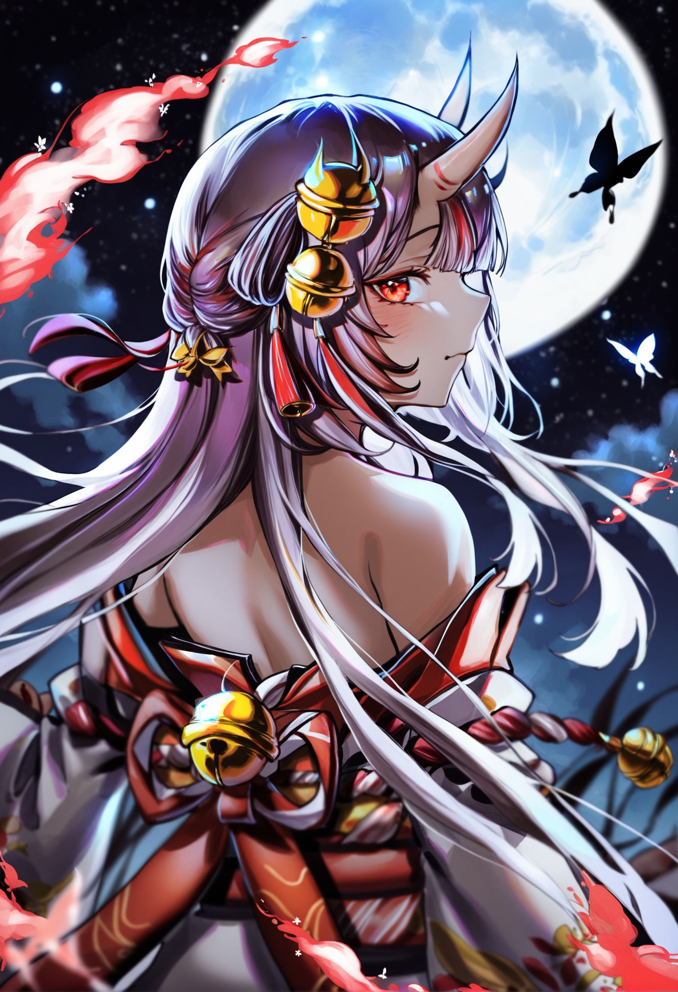 masterpiece, best quality,1girl, nakiri ayame,  solo, japanese clothes, red eyes, long hair, virtual youtuber, kimono, horns, mask, oni mask, moon, hair ornament, looking at viewer, butterfly, white hair, bug, hair bun, floral print, bell, oni horns, streaked hair, mask on head, red hair, multicolored hair, night, hair bell, full moon, looking back, wide sleeves, sky, white kimono, bangs, very long hair, obi, outdoors, jingle bell, star \(sky\), starry sky, from behind, butterfly hair ornament, alternate costume, cowboy shot, sash, sidelocks, blunt bangs, oni, floating hair <lora:COCOballXLlokr8f-000123:0.95>