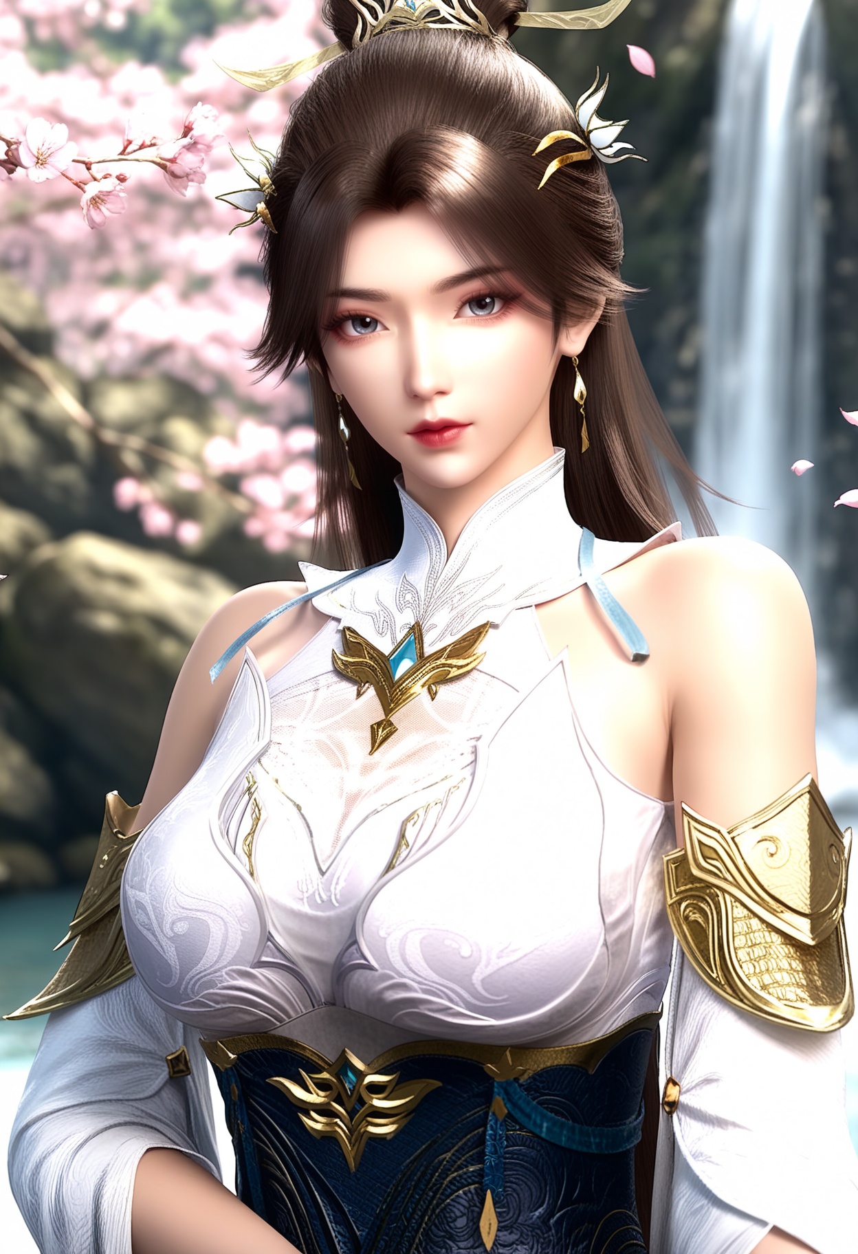 masterpiece,best quality,amazing quality,high resolution,ultra-detailed,absurdres,(looking at viewer:1.1),(upper body:1.1),(moody lighting:1.1),waterfall,peach blossom,falling petals BREAK large breasts,lingxi,1girl,solo,long hair,brown hair,jewelry,dress,hair ornament,earrings,bare shoulders,white dress,detached sleeves,hair bun,gloves,chinese clothes BREAK photorealistic details,<lora:QQSilllingxiV1:0.8>,