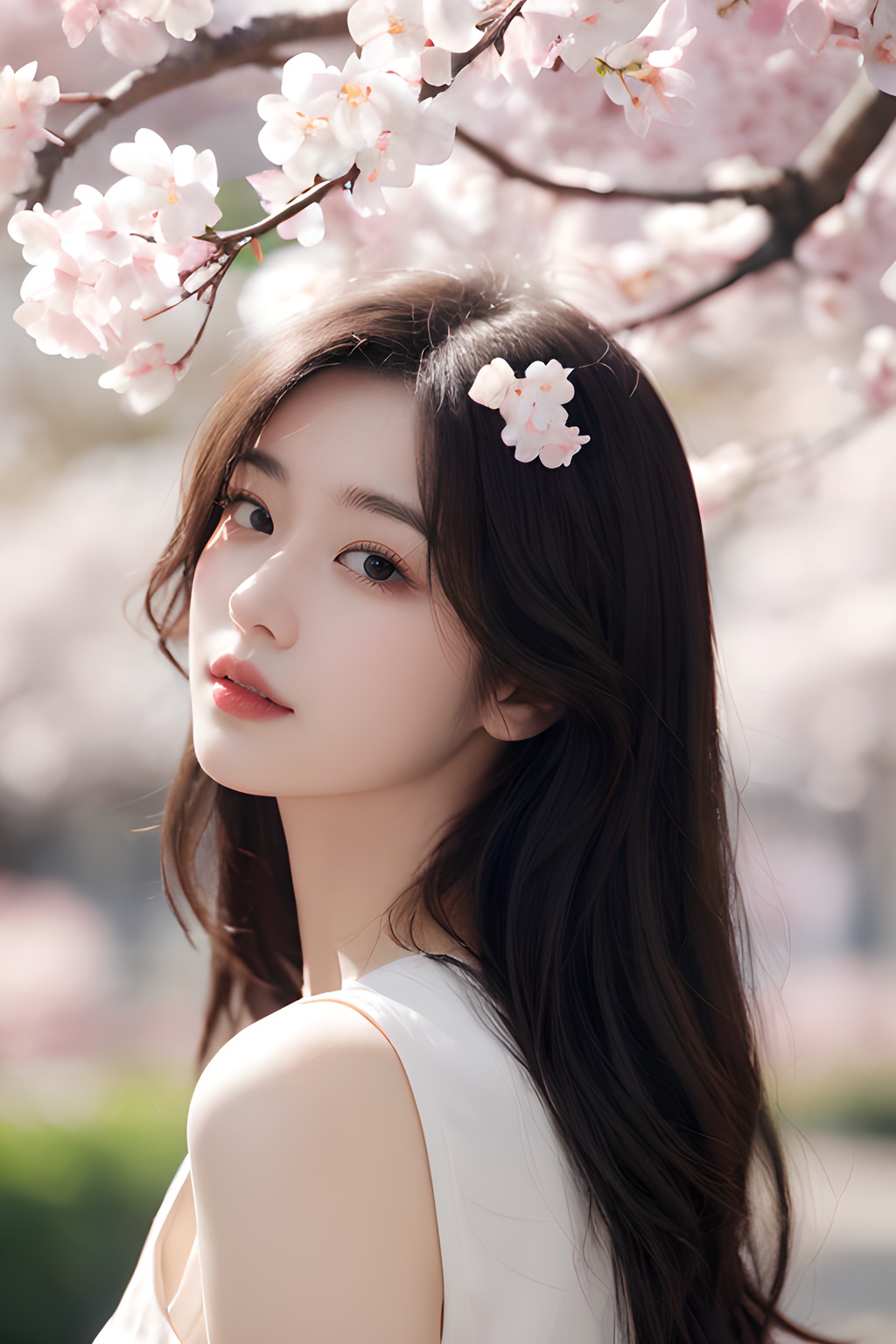 <lora:0817_02:0.4>,simple background,a girl with a dreamy expression,surrounded by floating cherry blossom petals in a soft breeze,springtime magic,gentle radiance.korean girl,black hair,, 1girl,realistic,masterpiece, best quality, photorealistic, HDR,detail
