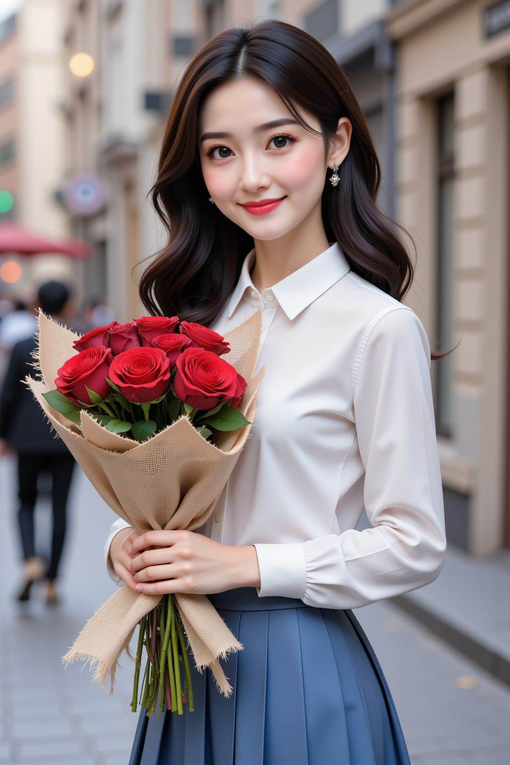 A photograph of a woman with fair skin and long wavy black hair. She is wearing a white long-sleeved button-down shirt and blue pleated skirt and full body, She holds a bouquet of vibrant red rose wrapped in a beige burlap cloth with frayed edges. The background in street, The woman's expression is smirk,