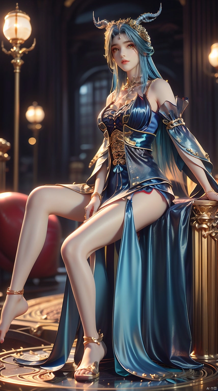 1girl, solo, long hair, looking at viewer, bare shoulders, closed mouth, blue hair, yellow eyes, upper body, horns, blurry, lips, blurry background, veil, realistic, ((poakl)),full-body,Perfectly proportioned,ray tracing,Bare Feet,shiny_skin,oil<lora:EMS-410555-EMS:0.800000>, <lora:EMS-346315-EMS:0.700000>