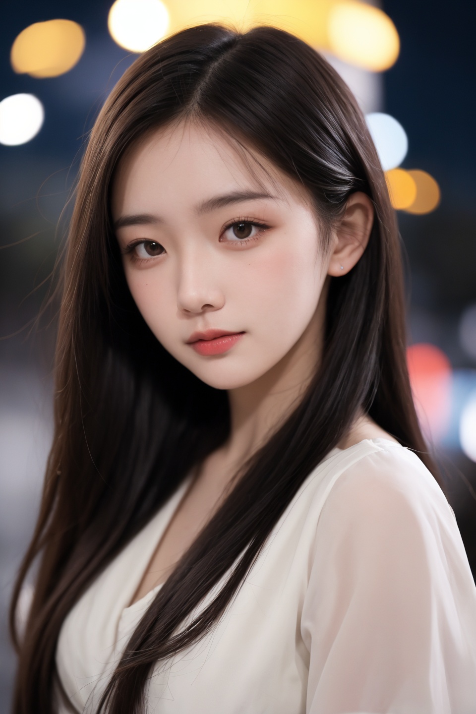 instagram photo, closeup face photo of 18 y.o  woman in dress, beautiful face, makeup, night city street, bokeh, motion blur