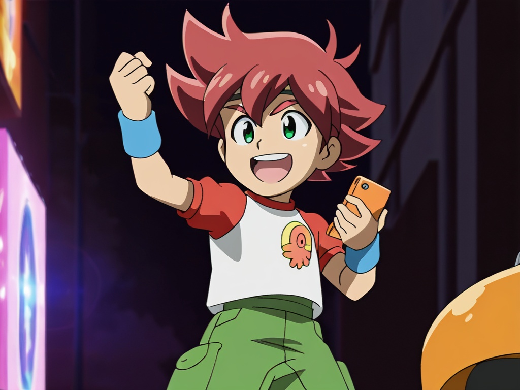 <lora:Taiga_XL:1>,explicit,(best quality:1),(best detail:1),(masterpiece:1),male focus,standing in the street,1boy,child,(petite:1.1),red hair,green eyes,round face,thick eyebrow,(5fingers:1.1),perfect hands,boy take the orange phone,:d,white and red short sleeve,blue bracer,green tooling shorts,pose a battle posture,correct anatomy,upper_body,available light,animation style,(incredibly absurdres:2),