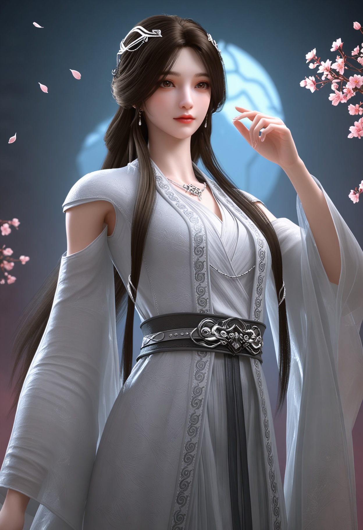 (cowboy shot:1.2),(looking at viewer:1.1),masterpiece,(best quality),smog,Dark room,dim lighting,peach blossom,falling petals,<lora:YQ_Illustrious光辉v5_雨馨2.0_V2:0.8>,q1528437228,1girl,solo,long hair,hair ornament,jewelry,earrings,dress,brown hair,white dress,necklace,black hair,brown eyes,chinese clothes,long sleeves,detached sleeves,wide sleeves,hair bun,