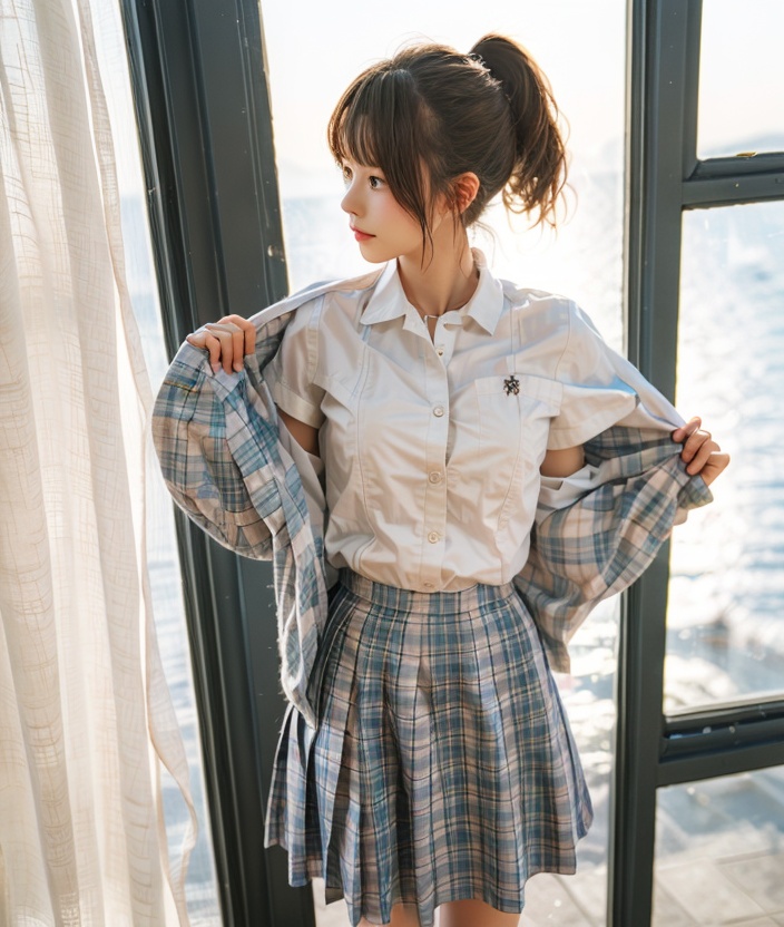 ytmgg,1girl,solo,skirt,ponytail,brown hair,plaid,shirt,plaid skirt,white shirt,**********,cowboy shot,standing,<lora:ytmgg_20231209210527:0.8>,