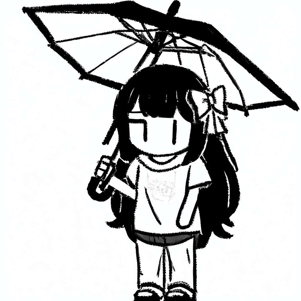 1girl,    solo, hood, ahoge, looking at viewer, raincoat, open mouth, shirt, short sleeves, hand up, transparent raincoat, greyscale, sketch, holding, sidelocks, long hair, alternate costume, umbrella, t-shirt, hood up, simple background, bow, one eye closed, rain, collarbone, blush, pants, monochrome, holding umbrella, transparent, hair bow, white background, very long hair, virtual youtuber, masterpiece, best quality,  safe