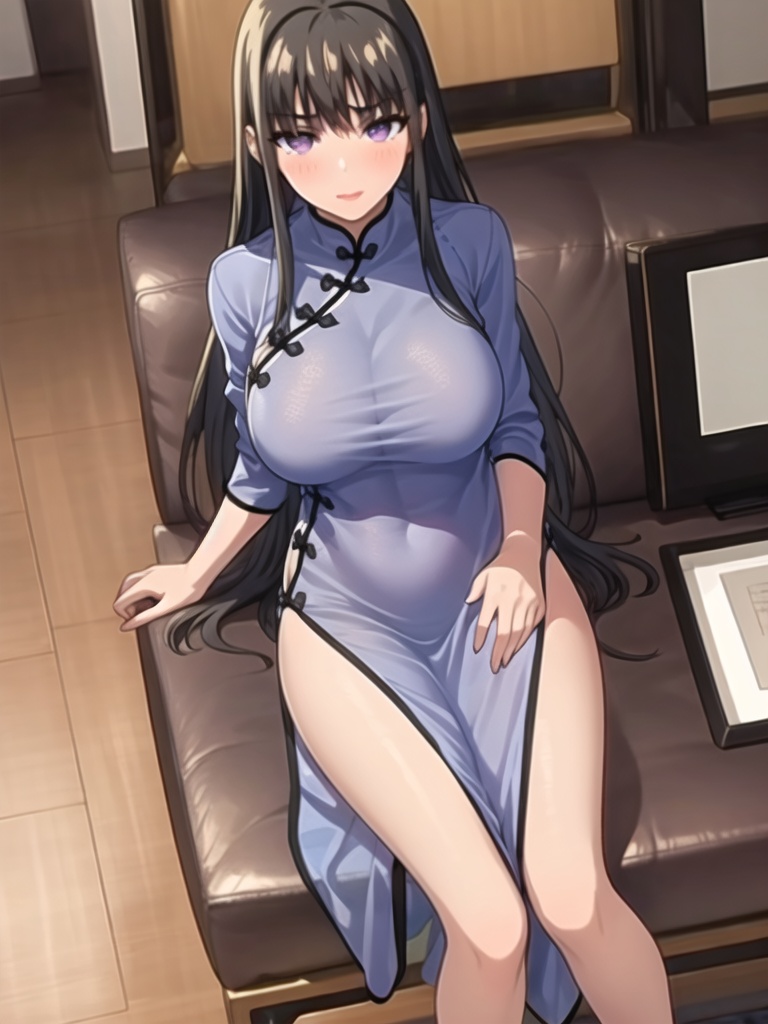 1girl,solo,perfect face,look at viewer,sitting,bangs,very long hair,black hair,eyebrows visible through hair,purple eyes,blush,lips,blue dress,long sleeves,china dress,chinese clothes,covered bra,large breasts,see-through,see-through silhouette,side slit,white,masterpiece,best quality,highly detailed,