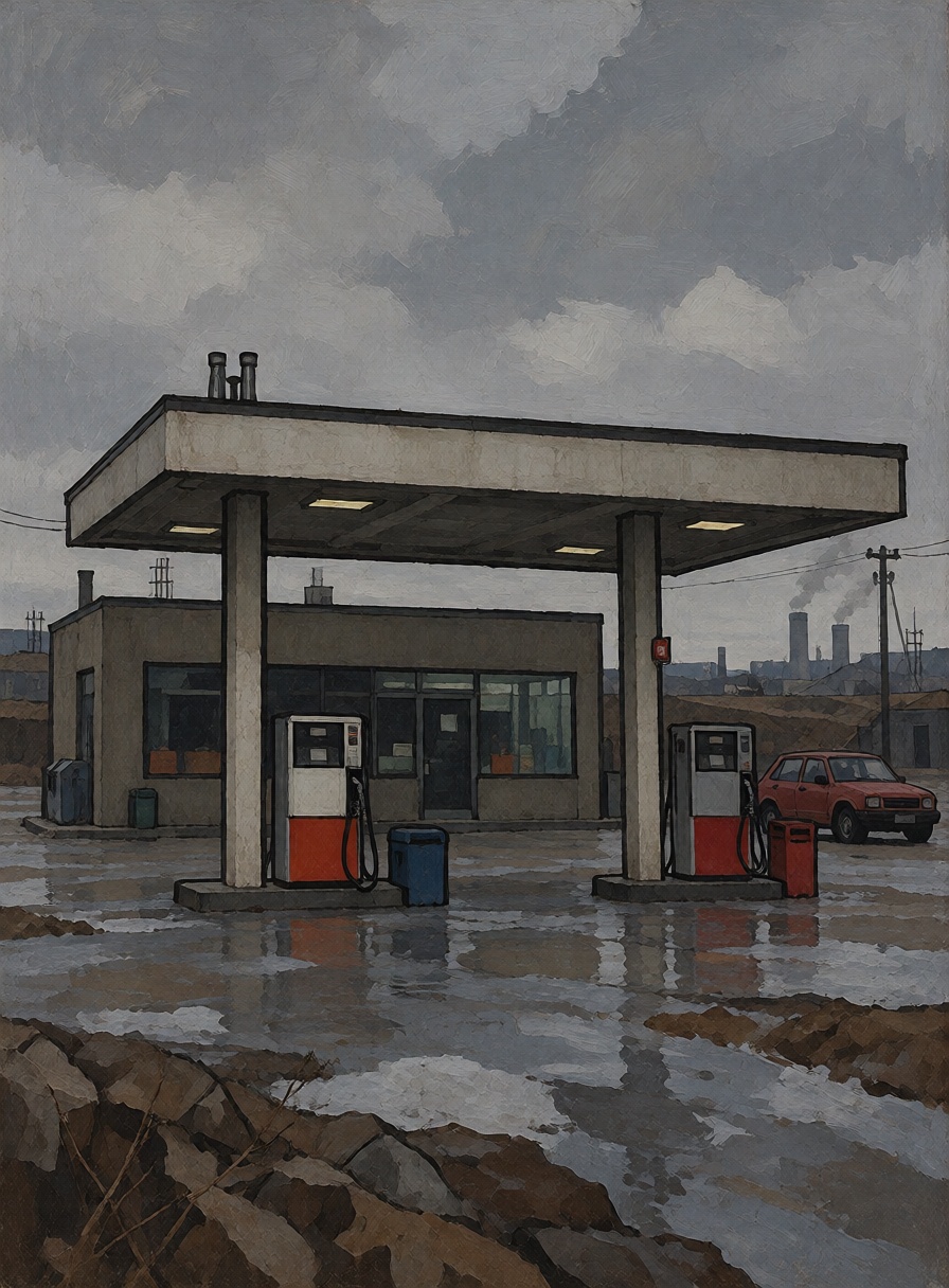 A solitary roadside gas station on the outskirts of a small town,  low rectangular concrete building,  two fuel pumps on T...