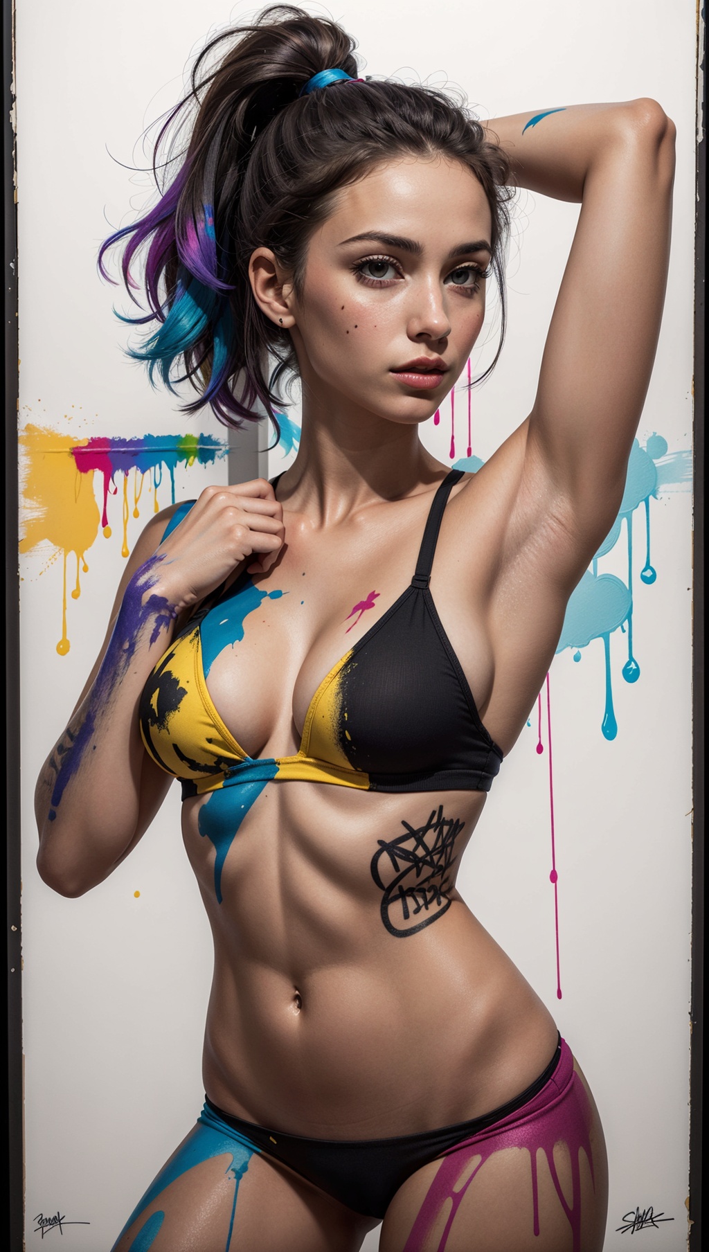 A color poster of a mixture of graffiti and paint on a wall,  portrait of a woman,  upperbody on Tensor.Art