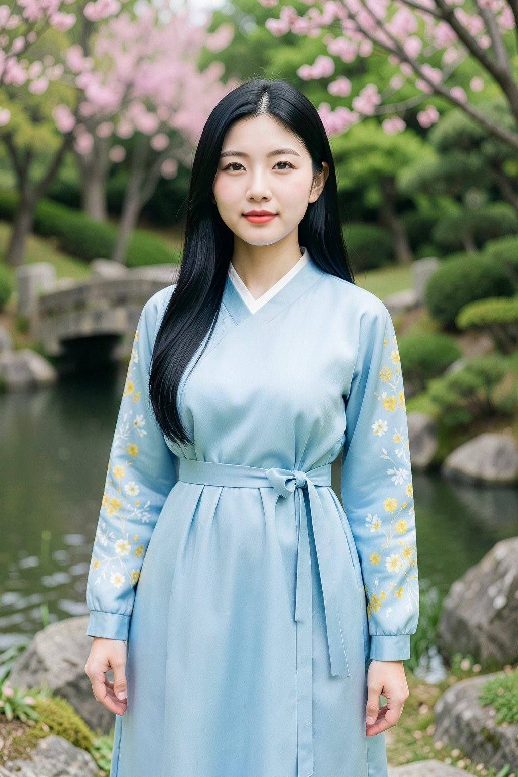The image depicts a photograph of an East Asian woman standing outdoors in a serene garden setting. She has long,  straigh...