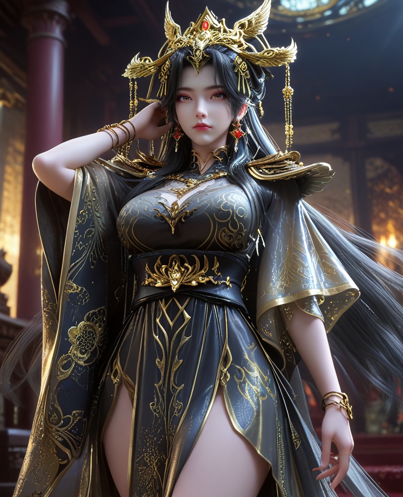 (adjusting hair:1.1),looking at viewer,(large breasts:1.2),<lora:XL16云深不知梦炽阳瑾:0.95>,miss chiyangjin,black tiered dress,brown eyes,black hair,absurdly long hair,half-up braid with long cascading hair,hair ornament,earrings,jewelry,sash,shoulder armor,bracelet,wide sleeves,see-through overdress,clothing cutout,, score_9,score_8_up,score_7_up,score_6_up,score_5_up,score_4_up,3d rendering,tag1,tag2, Cinematic Lighting,backlighting,