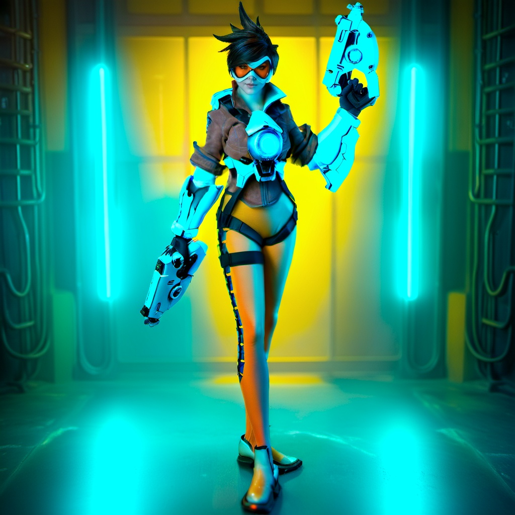 cinematic photo a woman with an orange glassmask holding guns in a futuristic cyberpunk background,  neon lights . 35mm ph...