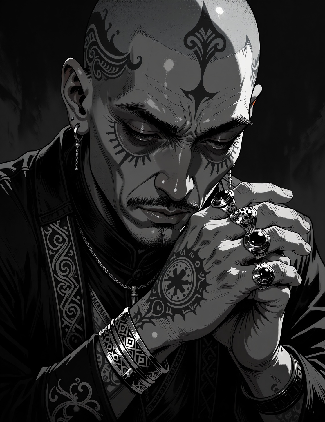 A close,  low-angle monochrome noir artwork portrait of a shaved-head man with intricate scalp tattoos and a faint mustach...