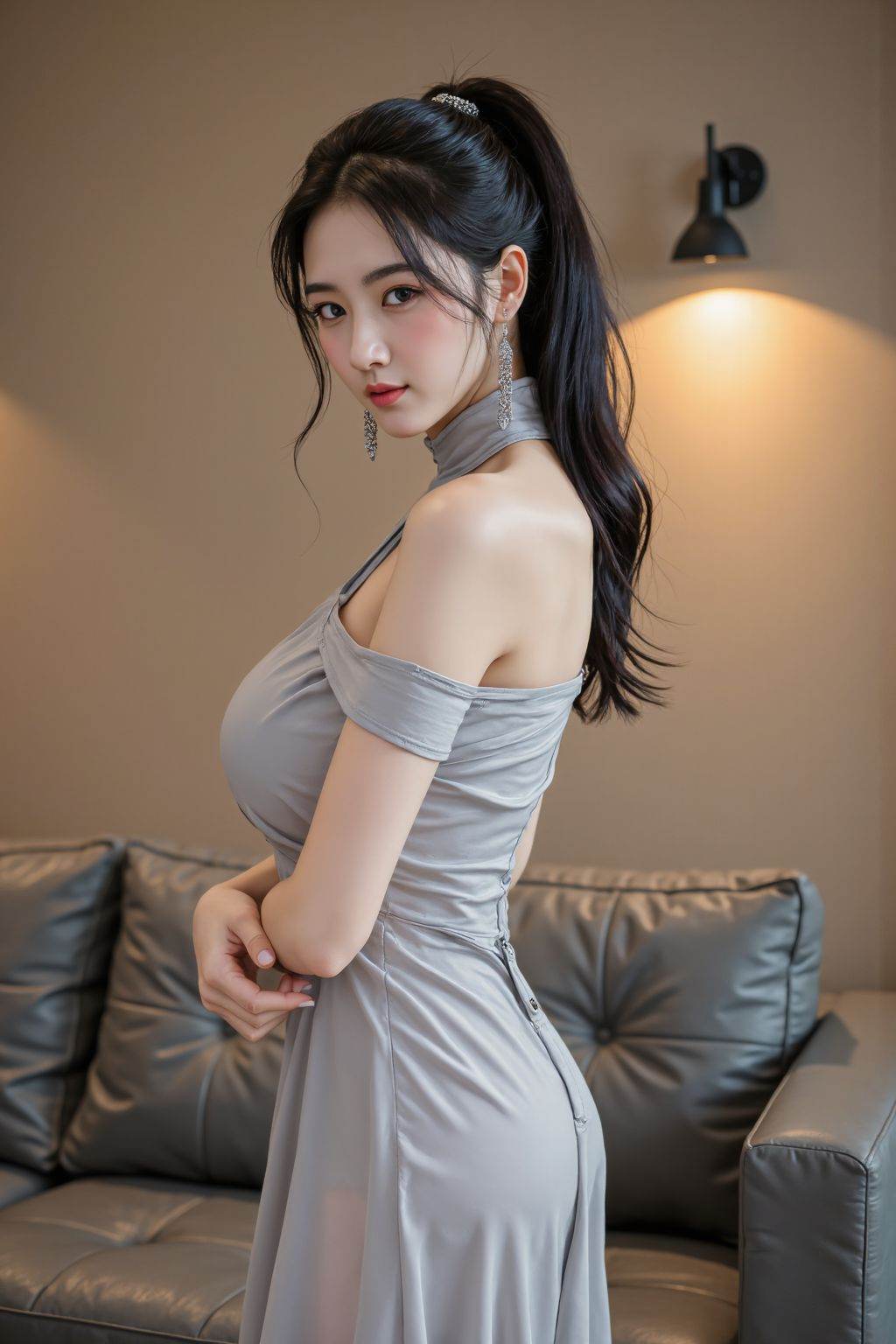 A young and beautiful Asian woman with long black hair tied high into a ponytail, hair supple and shiny, shining healthily in the light. She wears a pair of exquisite long silver earrings with a unique design that shines in the light and shakes gently with her movements. Delicate makeup, picturesque eyebrows, bright eyes, as if hiding the stars of the sea, lips painted with light pink lipstick, appears gentle and moving. The facial outline is three-dimensional, the apple muscle is full, the bridge of the nose is high and the lines are smooth. She was wearing a light gray one-shoulder dress with a light material and subtle transparency, showing a looming sense of beauty. The transparency of the shoulder and skirt is slightly higher, and the texture of the skin can be clearly seen, while the key parts such as chest and waist are less transparent and skillfully maintained. The skirt has a natural and smooth fold design, the folds at the single shoulder hang down like a waterfall, and the folds at the skirt spread slightly with the posture of the body, as if the breeze blows and fits the curve of the body, outlining her graceful posture, the figure proportion is perfect, the golden ratio of the nine-headed body, the legs are long and straight. The background is a modern indoor scene, the gray sofa has a delicate leather texture, the surface is smooth, the stitches are neat, and the back and cushions of the sofa look very comfortable. The light next to it is warm yellow, soft and uniform, emitting from the wall lamp next to the sofa, casting a touch of light and shadow on the wall and ground, creating a warm and romantic atmosphere. The character stands sideways, one hand gracefully on his waist, confident and generous. The whole picture creates a stylish, elegant and slightly mysterious atmosphere, as if telling a wonderful story about urban women. The picture style tends to be the combination of realism and fashion, which not only has the texture of real characters and scenes, but also has the exquisite sense of fashion magazines. Do you think this revision is in line with your expectations? If you have any other ideas, you are welcome to continue to communicate with me.