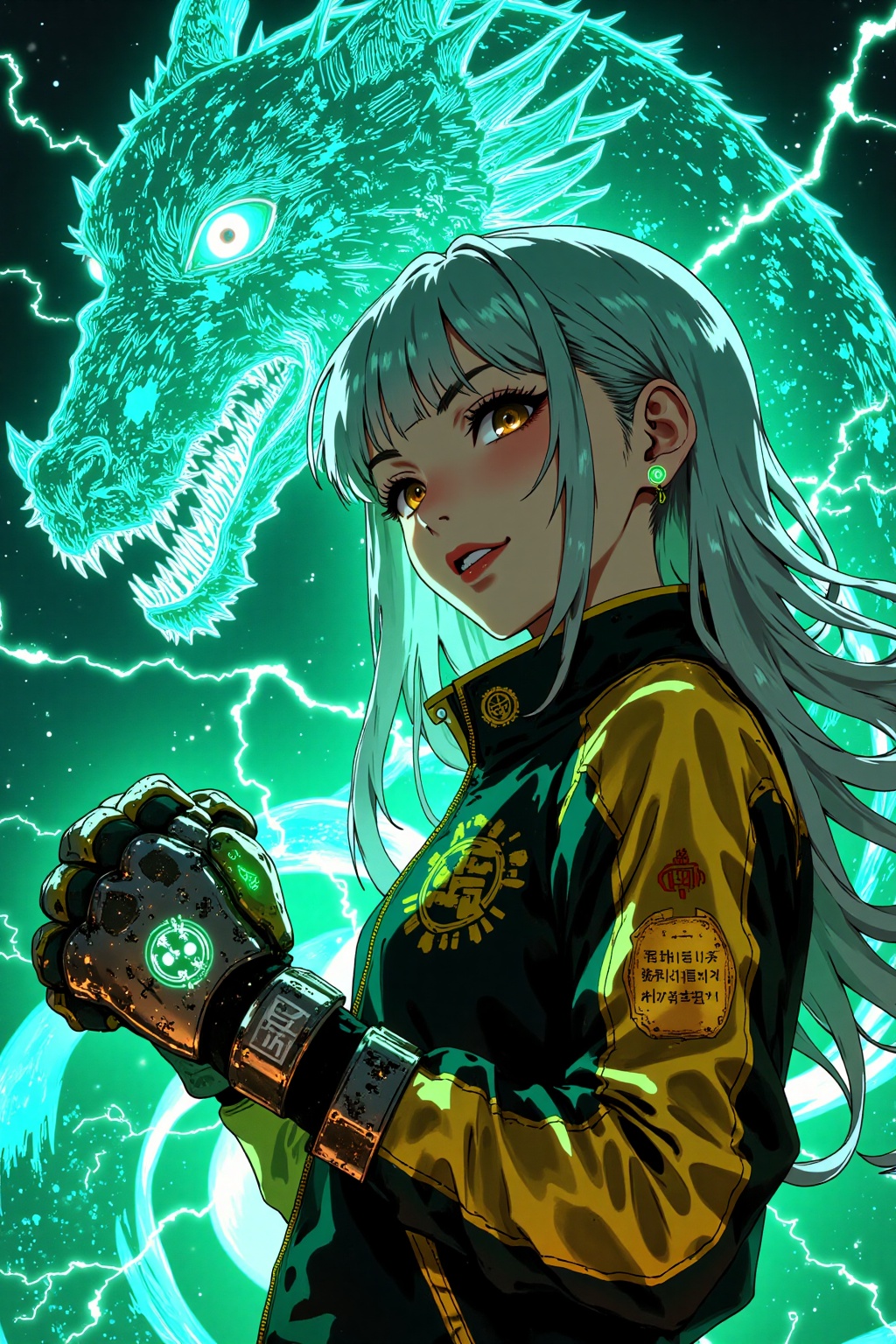 This is a highly detailed digital illustration in a stylized anime art style featuring a young woman with long,sleek silver hair and sharp bangs,her intense amber eyes glowing with unwavering focus. She wears a black and gold sports jacket adorned with futuristic emblems and glowing circuitry patterns,slightly distressed with scuffs and frayed edges,enhancing its cyberpunk aesthetic. The sleeveless design reveals her toned arms,encased in large,high-tech emerald-green and silver boxing gloves embedded with neon-lit symbols and glowing Japanese characters on the wristbands. Her iridescent skin catches the light,hinting at a futuristic enhancement,while metallic,luminescent stud earrings pulse softly,adding a subtle technological edge. Behind her,an electric blue translucent dragon looms,its face in sharp focus with piercing eyes radiating ethereal energy. Its semi-transparent form crackles with light,its serpentine body captured mid-motion as if coiling around her. Encasing the entire frame is a pulsating emerald-green aura,intensifying the fusion of high-tech and mythical elements. The intricate textures and vibrant neon hues make the scene feel alive,exuding raw power and electrifying anticipation,as if she stands on the edge of unleashing an unstoppable force,