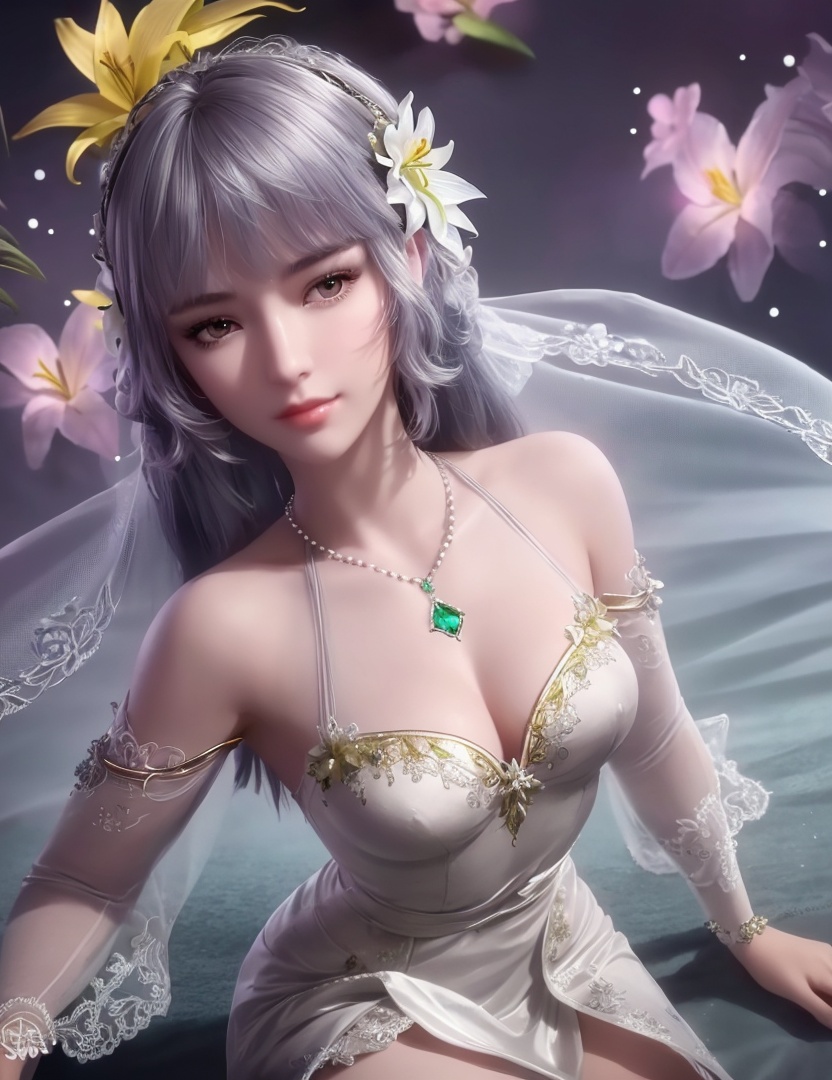ultra realistic 8k cg, picture-perfect face, flawless, clean, masterpiece, professional artwork, famous artwork, cinematic lighting, cinematic bloom, perfect face, beautiful face, fantasy, dreamlike, unreal, science fiction,   lace, lace trim, lace-trimmed legwear,  (rich:1.4), prestige, luxury, jewelry, diamond, gold, pearl, gem, sapphire, ruby, emerald, intricate detail, delicate pattern, charming, alluring, seductive, erotic, enchanting, hair ornament, necklace, earrings, bracelet, armlet,halo((,1girl, pov,))  ((, 1girl, solo, star_\(symbol\),lily \(flower\),hair flower, wedding dress, jewelry))<lora:DA_BaiChenXiang:0.6>