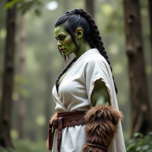 A full body portrait of a beautiful and skinny green skinned muscular female Orc warrior,  with green skin,  black hair in...