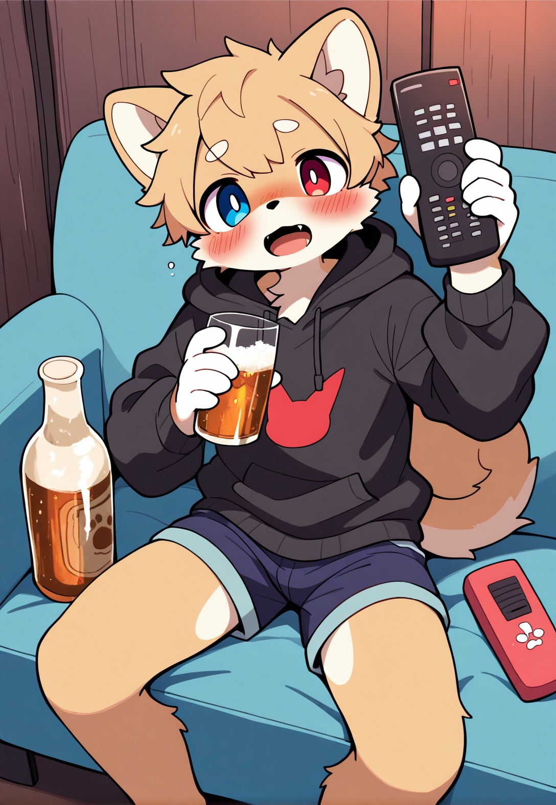 1boy,solo,furry,anthro,tail,blush,looking_at_viewer,red right eye,blue left eye,heterochromia,shiba dog,wearing black hoodie and prussian blue shorts,yellow shiba furry boy,paw,((raising right hand and holds remote control towards viewer)),left hand holding glass bottle beer and drinking on mouth,sitting on sofa,drunk,