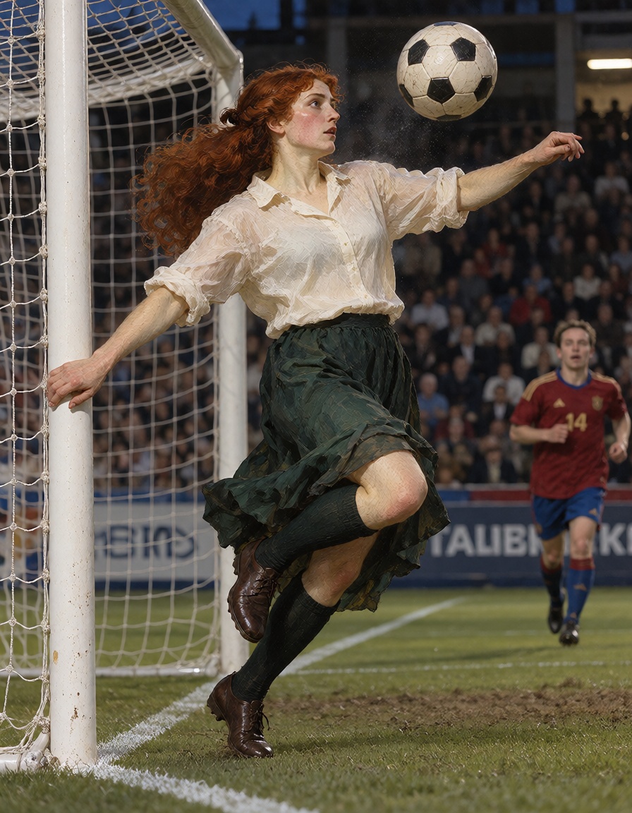 A Pre-Raphaelite woman scoring a goal with a powerful header during a soccer match. on Tensor.Art