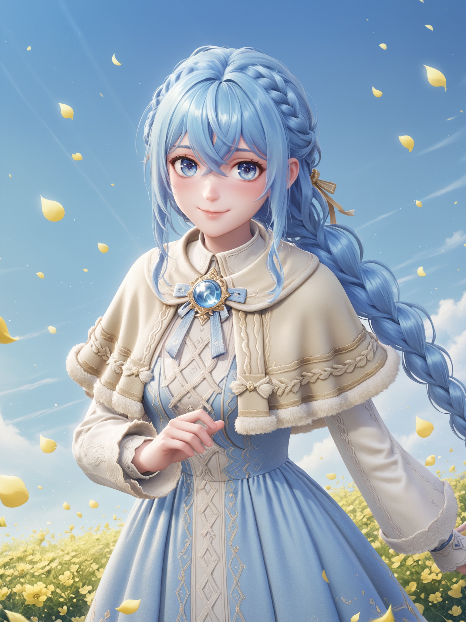 score_10,score_9,score_8_up,score_7_up,1girl,roxy migurdia,blue eyes,solo,long hair,blue hair,smile,looking at viewer,braid,hair between eyes,closed mouth,dress,blush,crossed bangs,capelet,petals,long sleeves,