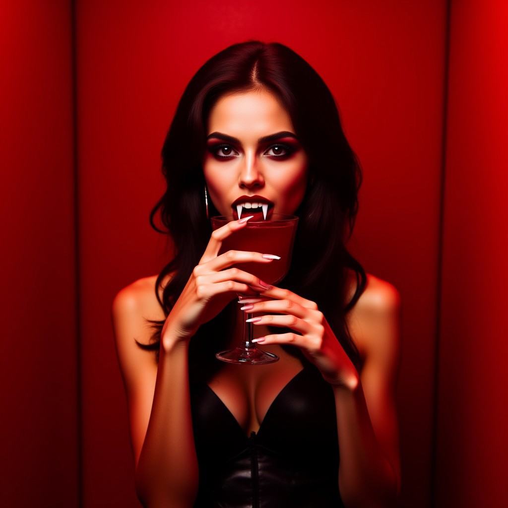 Vampyfangs1 vampire woman Strigoi nosferatu fangs lady female in a red room bar drinking a red cocktail on Tensor.Art