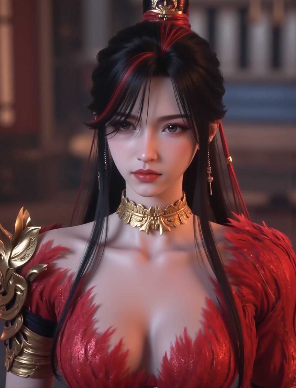 , ultra-high resolution,32K UHD,sharp,,close ,face portrait,,small breasts,small breasts,small breasts,small breasts,small breasts,small breasts, <lora:赵襄儿flux-lora-000013:1>1girl, zhaoxianger, solo, portrait, realistic, black hair, multicolored hair, earrings, jewelry, streaked hair, long hair, blurry background, blurry, red hair <lora:滤镜flux-lora-000020:0.4> lvjing