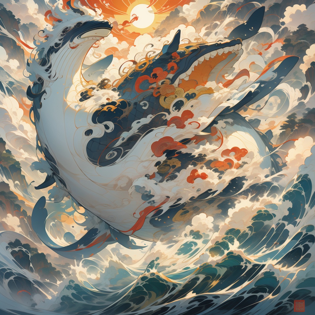Thick color style, ancient Chinese mythology style, whale, 1 whale solo,flying in the clouds, surrounded by clouds and sun