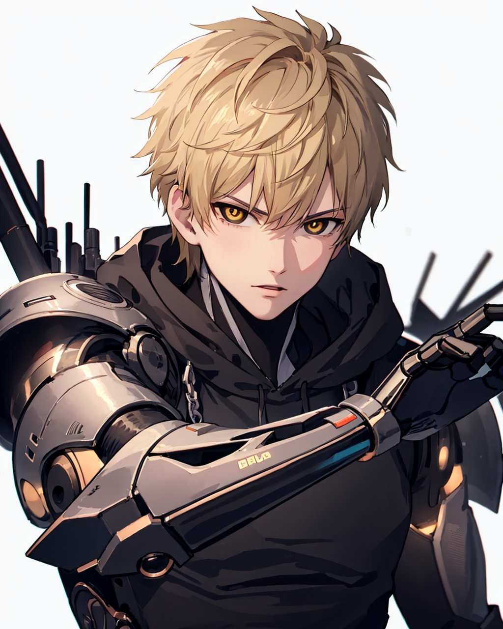 masterpiece,best quality, highly detailed, genos,solo, male focus, black sclera, 1boy, looking at viewer, cyborg, white background, black pants, closed mouth, hoodie, simple background, belt,<lora:genos:1>