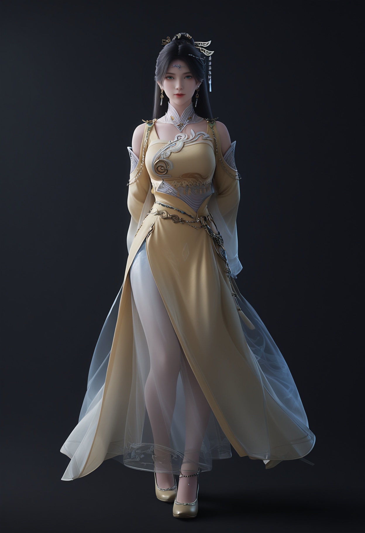 masterpiece,best quality,absurdres,highres,BREAK(glamor:1.1),slender,1girl,solo,<lora:金瓶儿-ill:0.82>,jingpinger,long hair,black hair,hair ornament,earrings,jewelry,green eyes,shoulder cutout,wide sleeves,yellow dress,see-through,anklet,shoes,looking at viewer,front view,standing,arms behind back,BREAKsimple background,black background,rim light,Tyndall effect,Volumetric Lighting,Cinematic Lighting,realistic,depth of field,<lora:Body Type Slider - Illustrious_alpha1.0_rank4_noxattn_last:-1>,