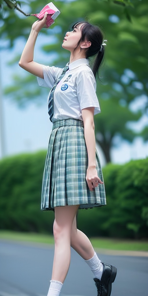 1girl, skirt, solo, black hair, school uniform, shirt, ponytail, looking up, long hair, plaid, plaid skirt, necktie, socks, outdoors, shoes, white shirt, blurry background, blurry, short sleeves, standing, collared shirt